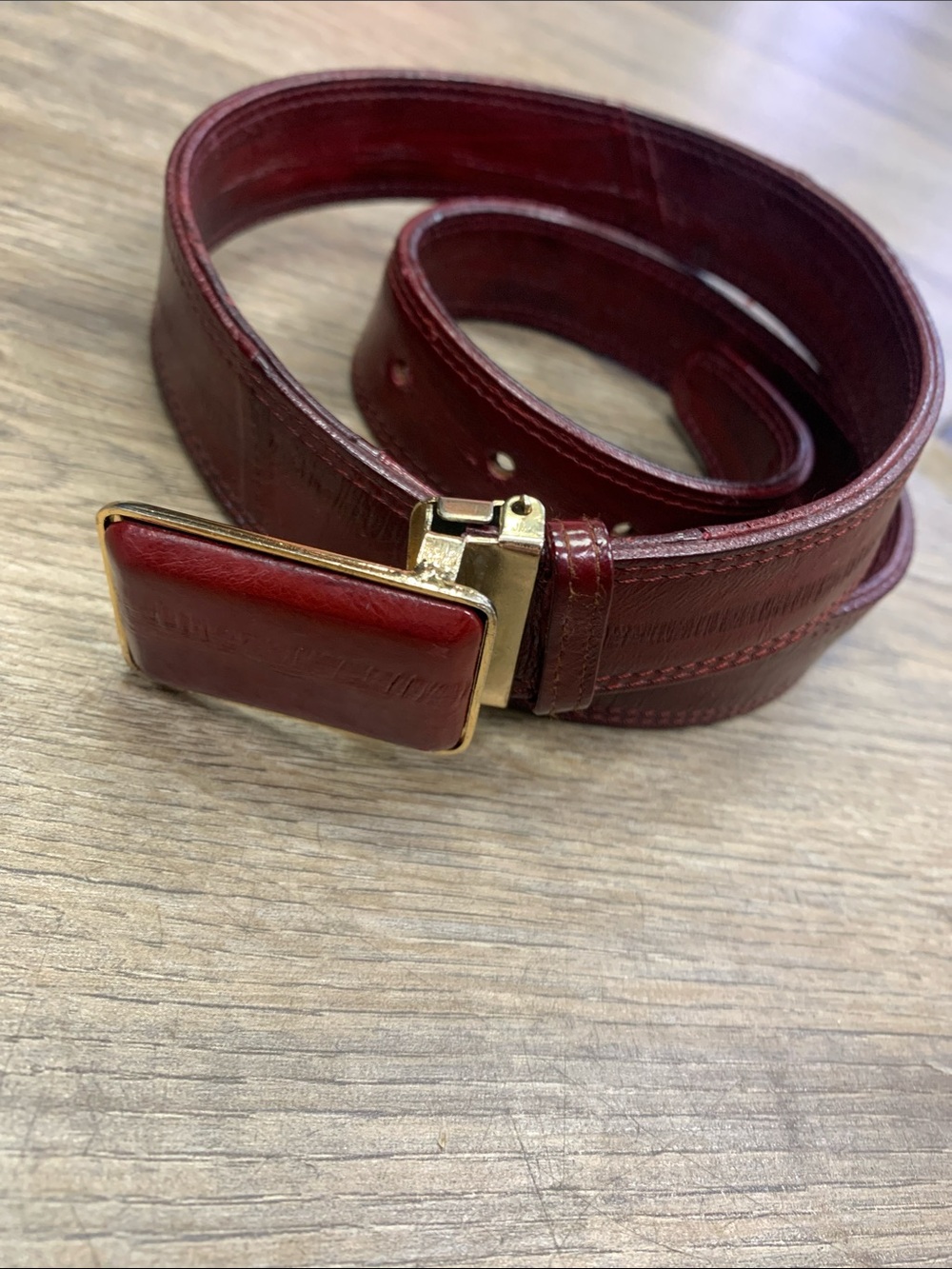 Men's Burgundy Leather Dress Belt with Gold Buckle